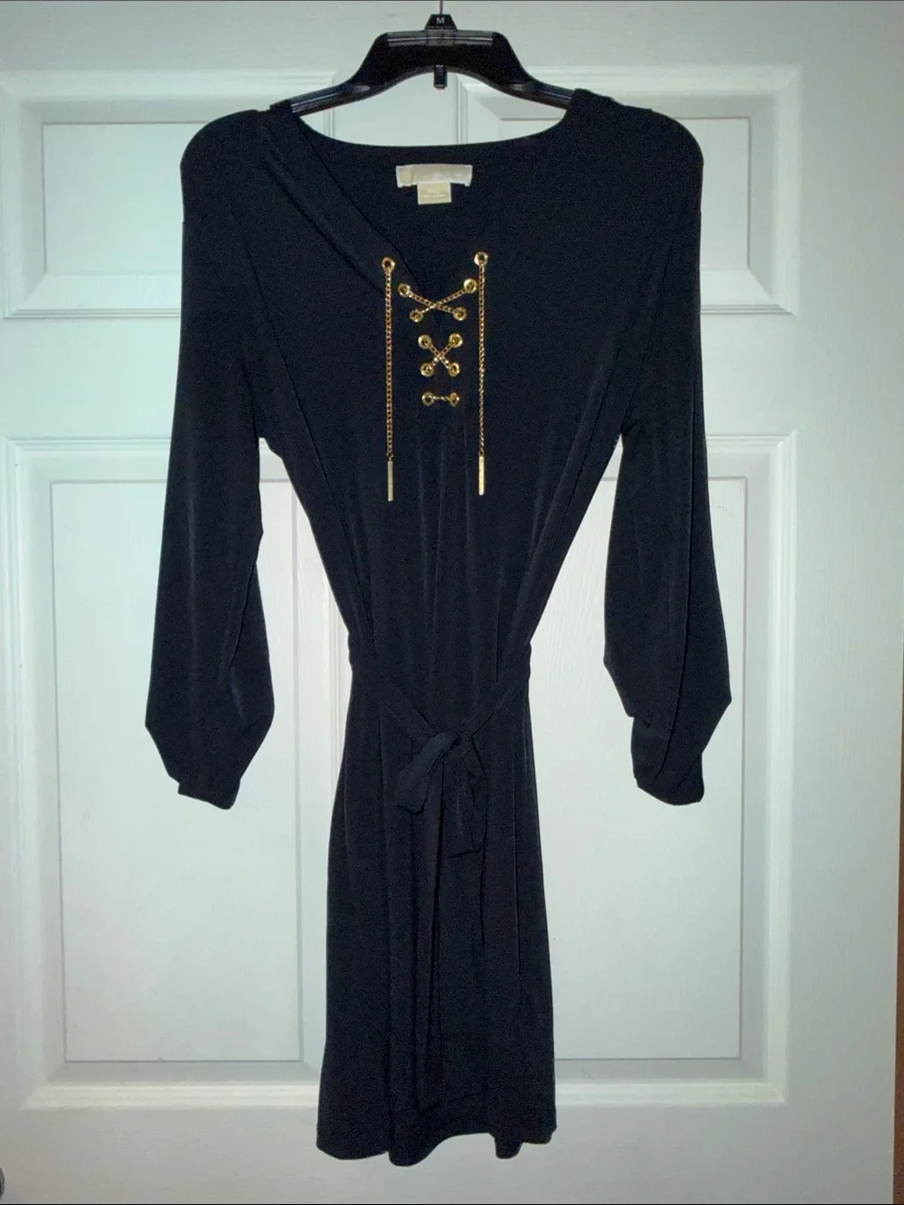 Michael Kors Black Long-Sleeve Lace-Up Dress with Gold Chain - Picture 1 of 10